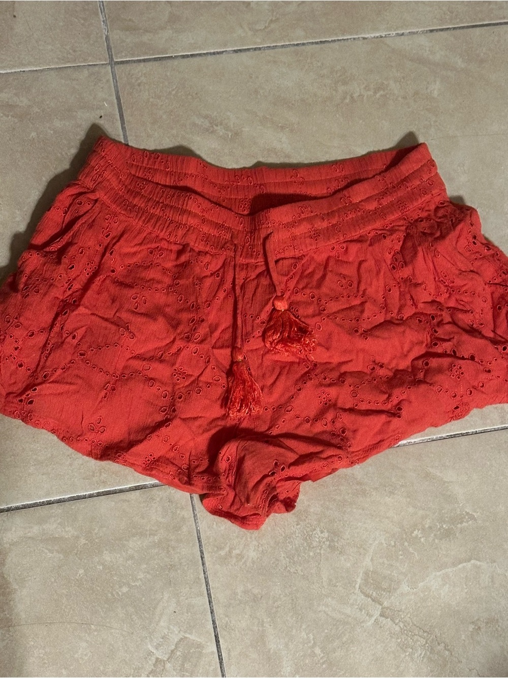 Free People Coral Red Eyelet High Waist Tassel Shorts